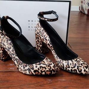 WHBM bethenny leopard chunky heel ankle pumps